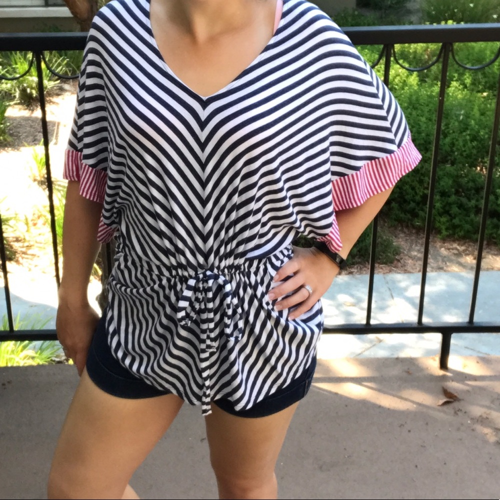 Anthropologie Black and White Striped Blouse with Pink Accents